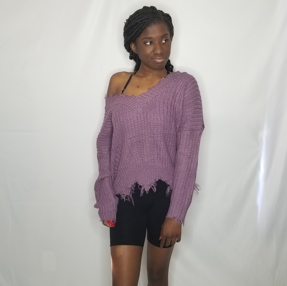 Lavender Frayed V Neck Sweater